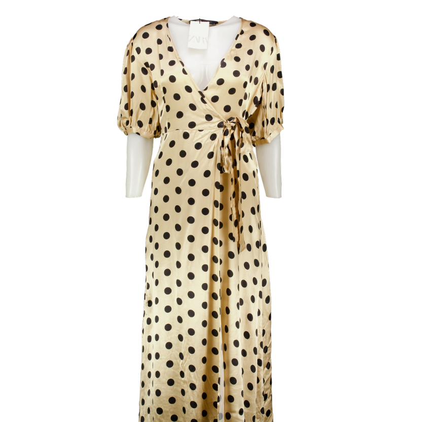 ZARA Champagne Beige / Black Polka Dot Wrap Midi Dress UK XS – Reliked