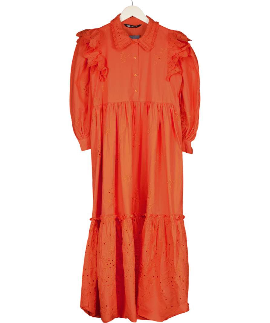 zara orange embroidered dress Openwork Midi UK XS 15+ Chic Brown and Head size:L/XL - 23 3/4 in - 60.3 cm Hem with gingham print size-16-36-37