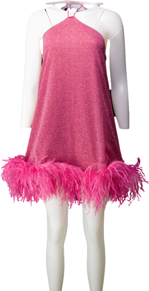 Oséree Pink Lumiere Feather Trimmed Metallic Stretch-knit Halter Mini Dress UK S