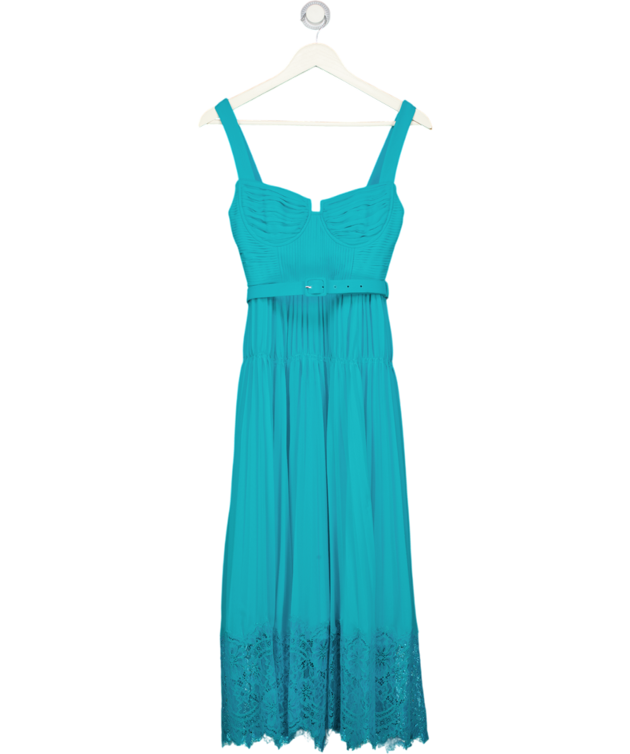 SELF PORTRAIT Blue Pleated Chiffon Bustier Lace Hem Midi Dress UK 6