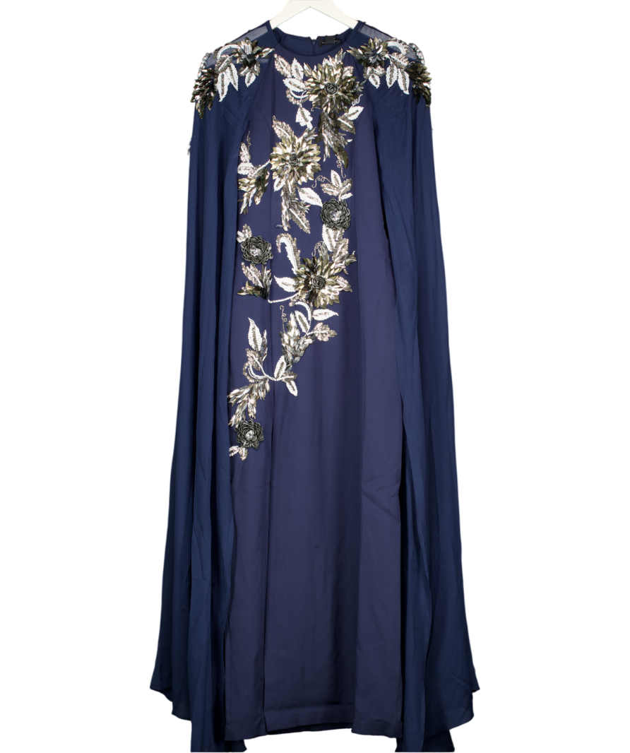 Karen Millen Floral 3D Embellished Drama Cape Sleeve Woven Maxi Dress in Navy