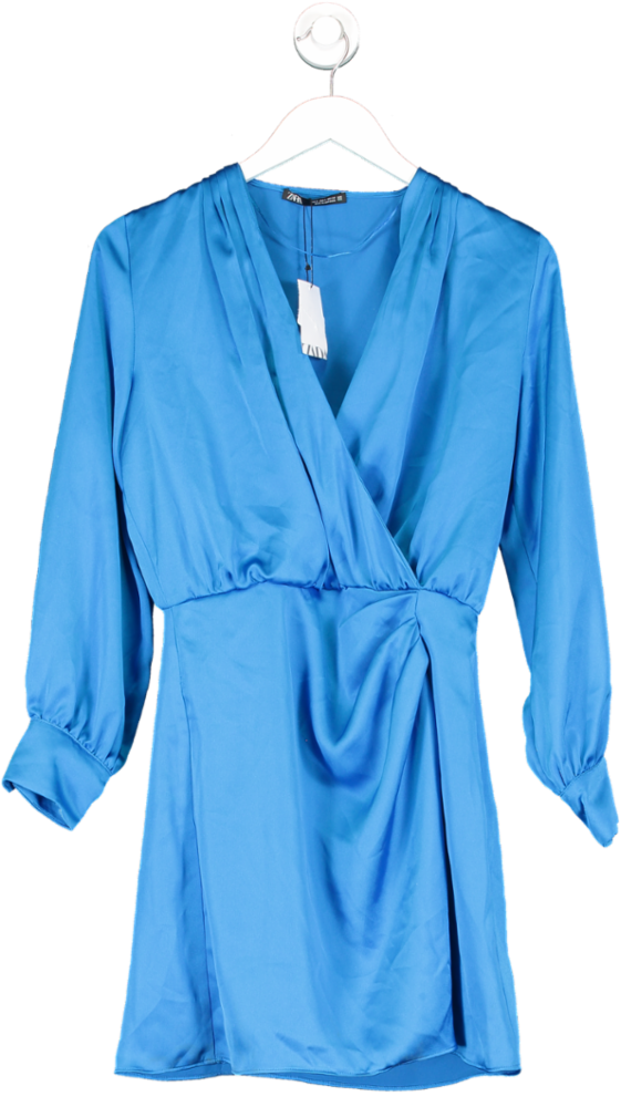 ZARA Blue Draped Satin Long Sleeve Wrap Mini Dress BNWT UK S – Reliked