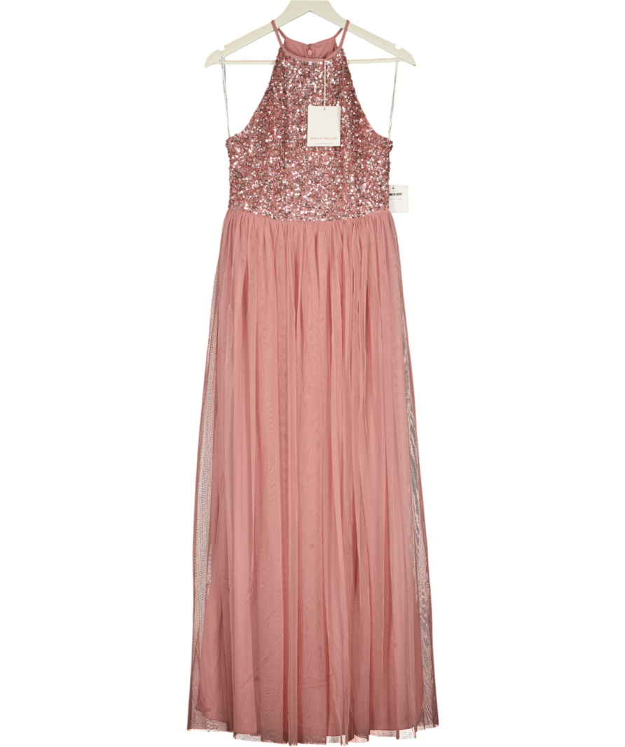 MAYA DELUX Dusty Pink Embellished Tulle Maxi Dress UK 10 – Reliked