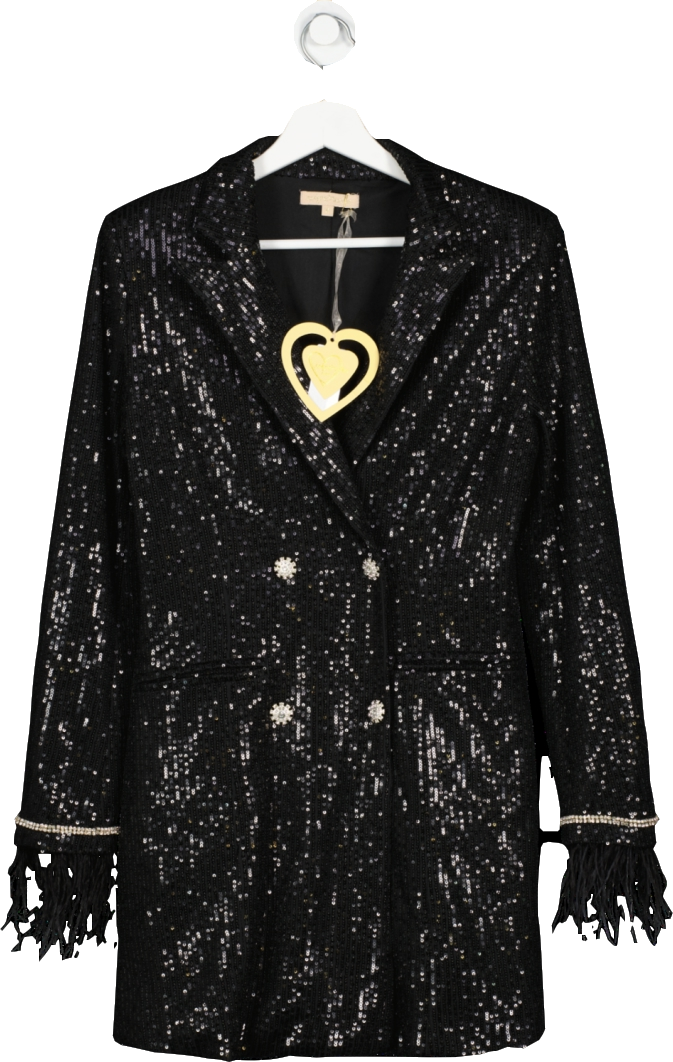 Soky & Soka Black Feather Trimmed Sequin Blazer Dress UK M - Reliked