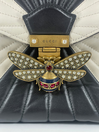 Gucci Black / Ivory Quilted Calfskin Bamboo Embellished Bee Queen Margaret Backpack