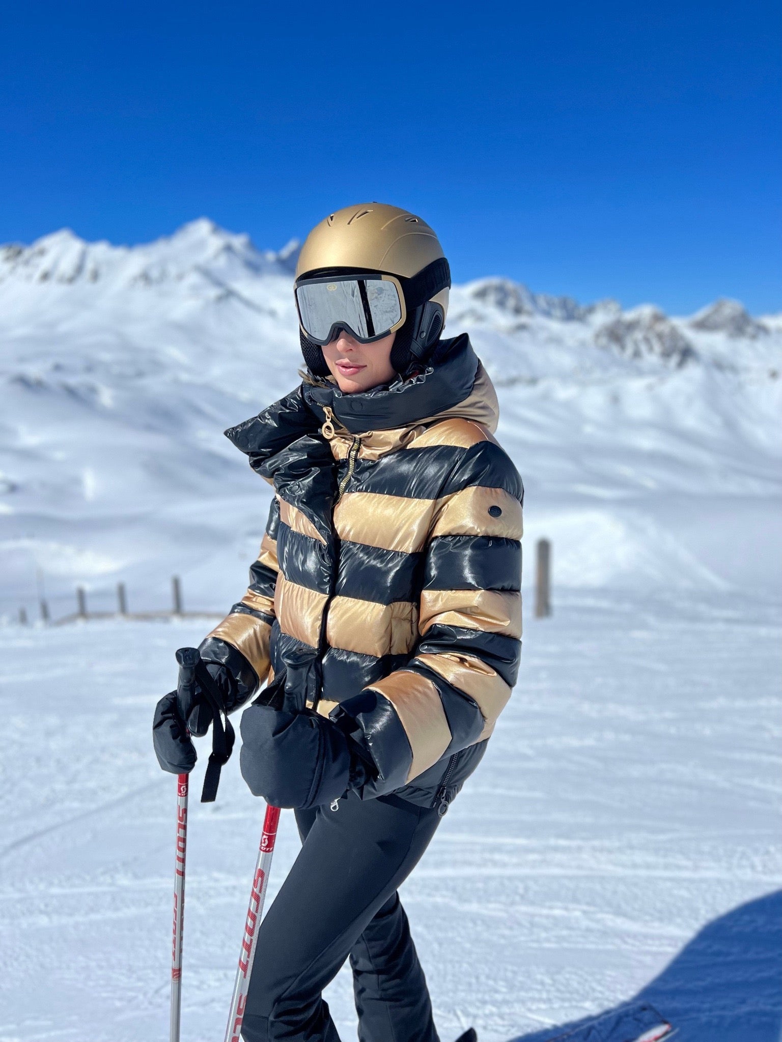 Goldbergh Black And Gold Dazzle Striped Down Filled Ski Jacket UK