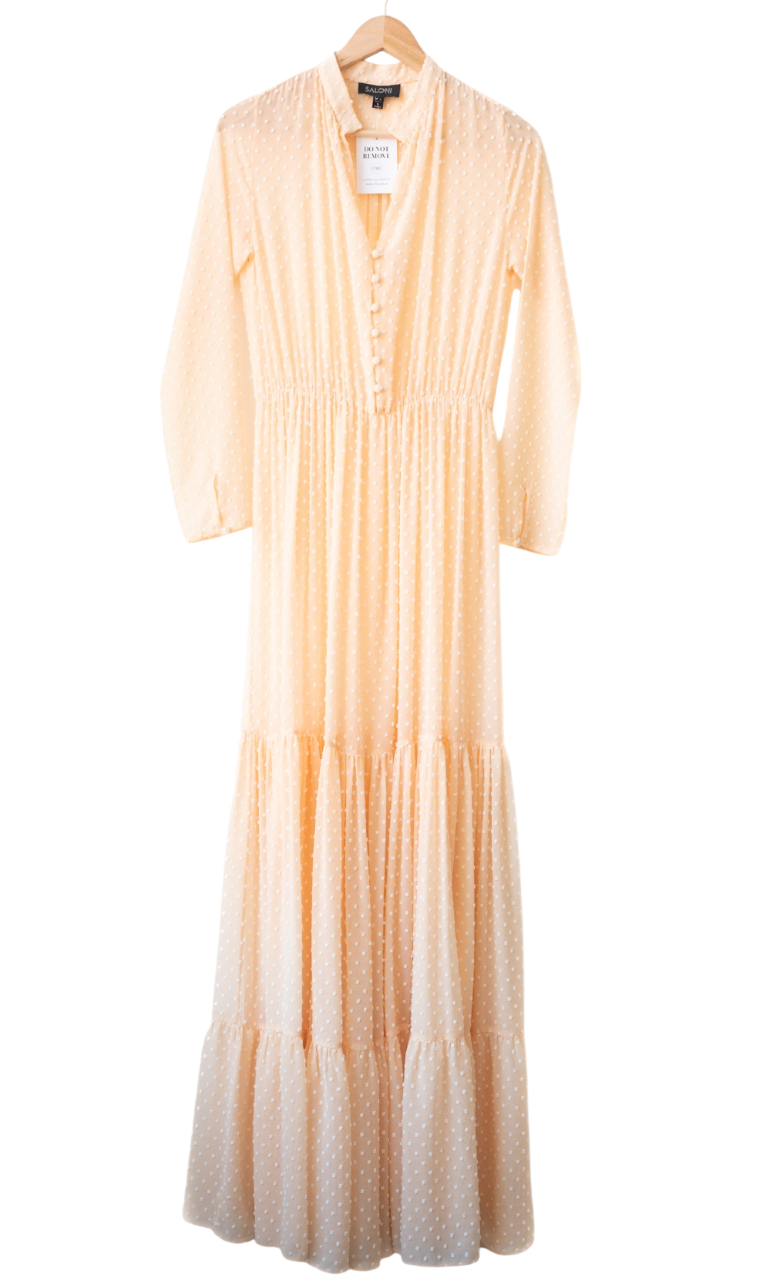 tiered long sleeve midi dress in swiss dot SALONI Orange Peach Alexia Swiss-dot Chiffon Maxi Dress. UK 8