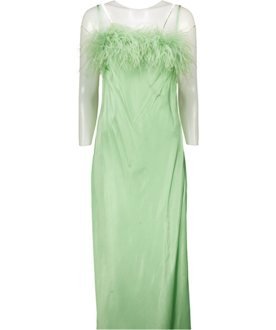 SLEEPER Green Boheme Feather-trim Slip Dress UK L SLEEPER Green Boheme Feather-trim Slip Dress UK L