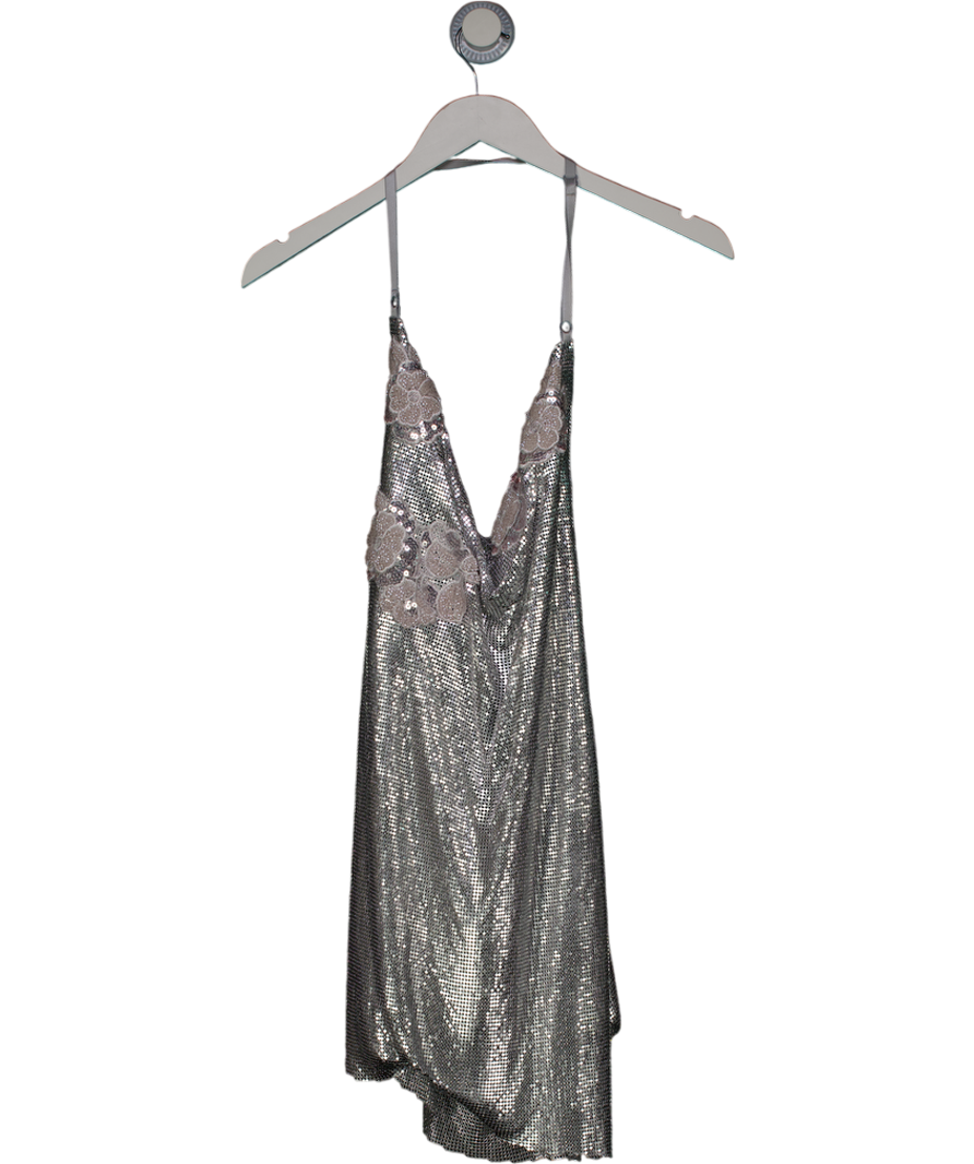 knee length dresses for ladies White Fox Metallic Phantom Touch Metal Mesh Mini Dress Silver UK S – Reliked