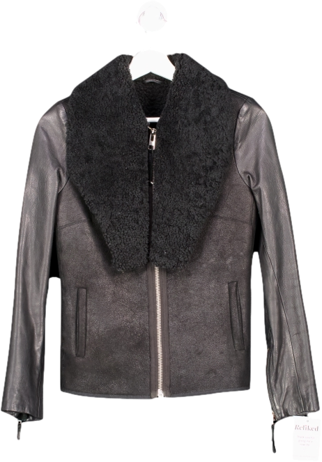 All Saints Black Suede Jacket With Leather Sleeve Wool Collar UK 4