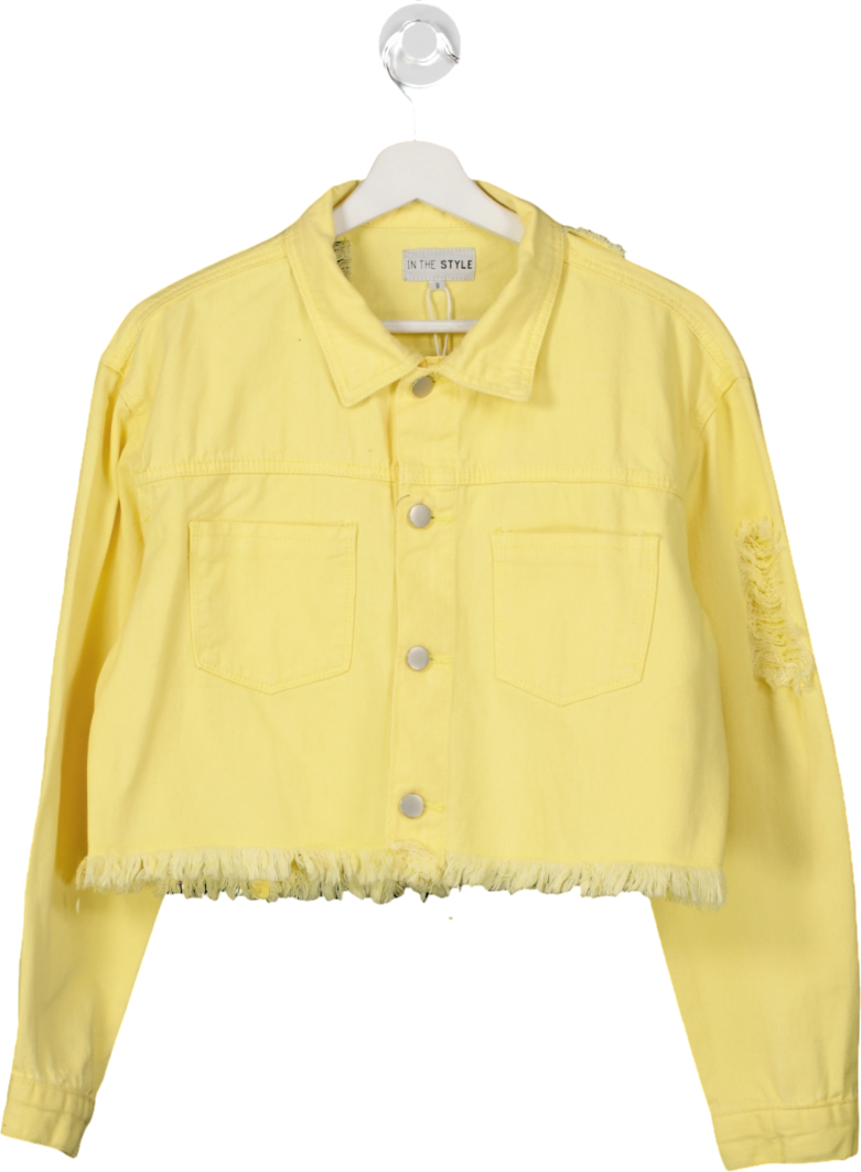 In The Style Yellow Frayed Hem Cropped Denim Jacket UK 8