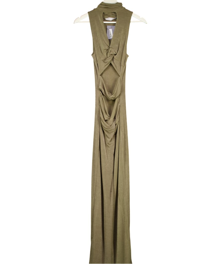 ARIA COVE Khaki Green High Neck Slinky Cut Out Maxi Dress UK 8