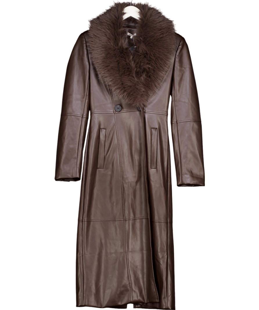 House of Harlow 1960 Marcel Brown Faux Fur Trimmed Vegan Leather Coat UK XS 