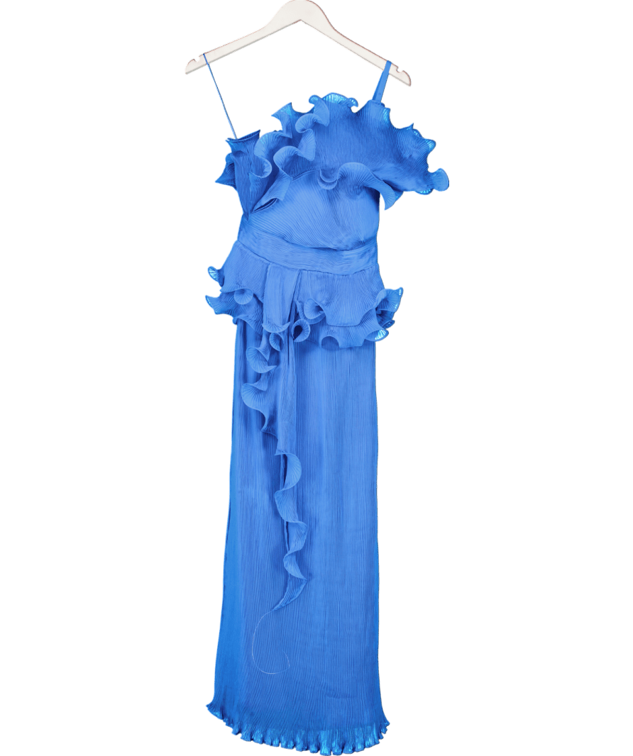 Karen Millen Digital Ophelia Crinkle Georgette Fine Pleated Strapless Woven Midi Dress in Blue