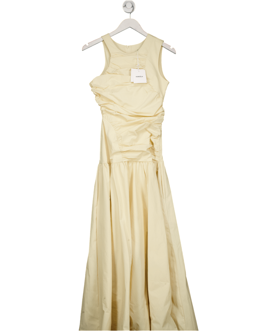 Marcela London Azura Ruched Drop Waist Cotton Blend Dress Butter Yellow UK  S/M