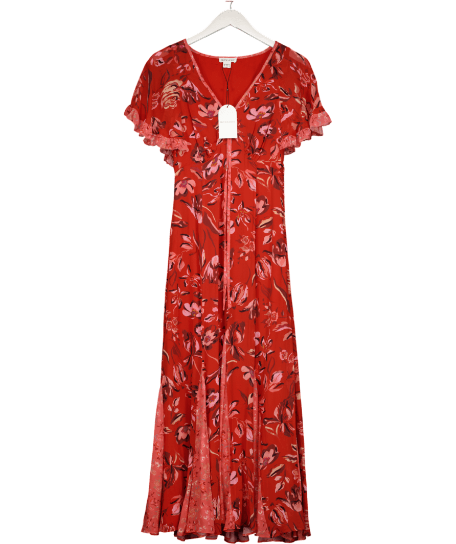open lace back dress Monsoon Red Tallie Floral Cape Maxi Dress UK 8