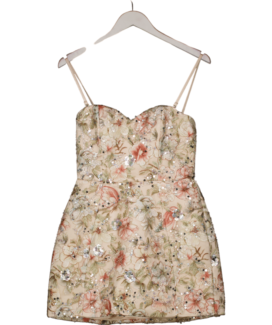 Oh Polly Cream Dahlia Add To Wishlist Embellished Strapless A-line Mini  Dress In Floral Beige UK 8