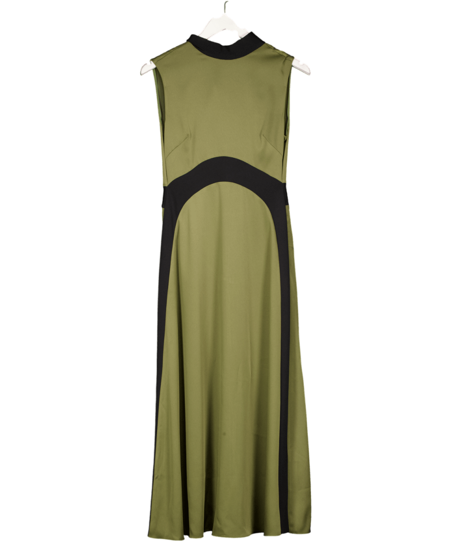 REISS Florere Colourblock Hybrid Knit Midi Dress In Khaki Green / Black UK 8