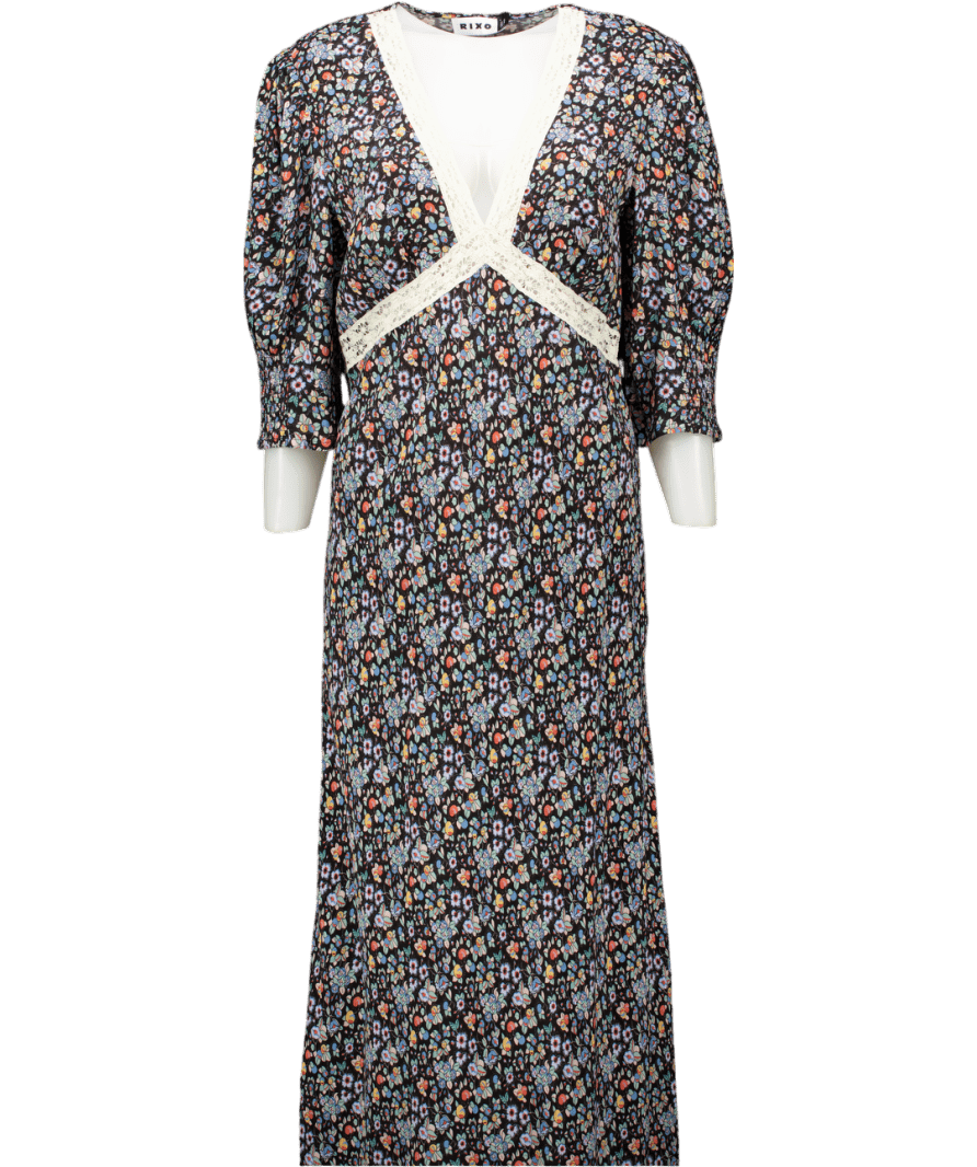 RIXO Black / Multicoloured Gemma Crochet-trimmed Floral-print Crepe Midi Dress UK 14