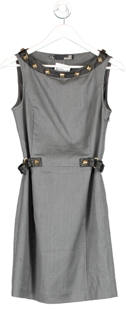 Love Moschino Grey Wool Blend Leather Trimmed Stud Detail Mini Dress UK 10