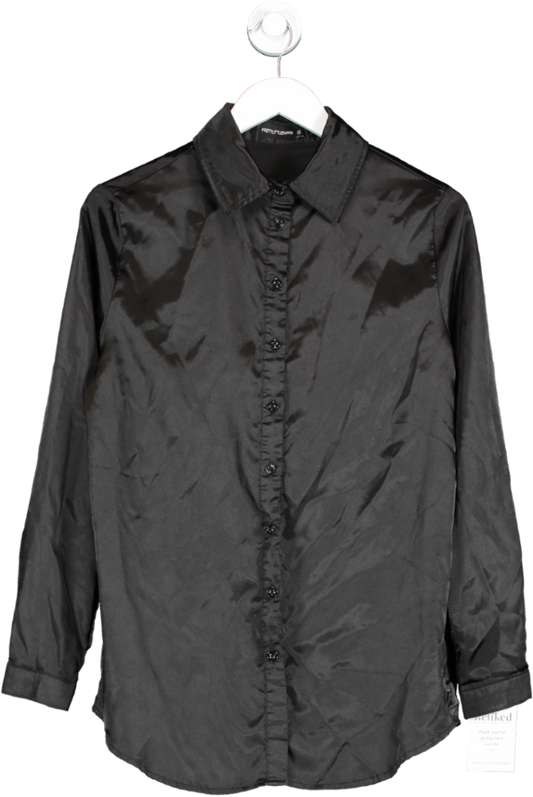 PrettyLittleThing Black Satin Button Front Long Sleeve Shirt UK S