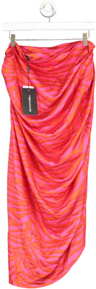PrettyLittleThing Pink Tropical Multicoloured Ruched Side Drape Midi Skirt UK 16