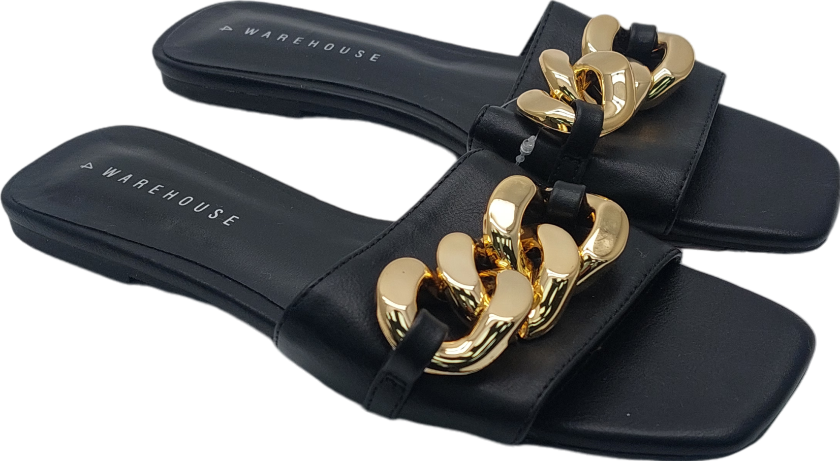 Warehouse Black Flat Sandals With Chunky Gold Chain UK 4 EU 37 Reliked