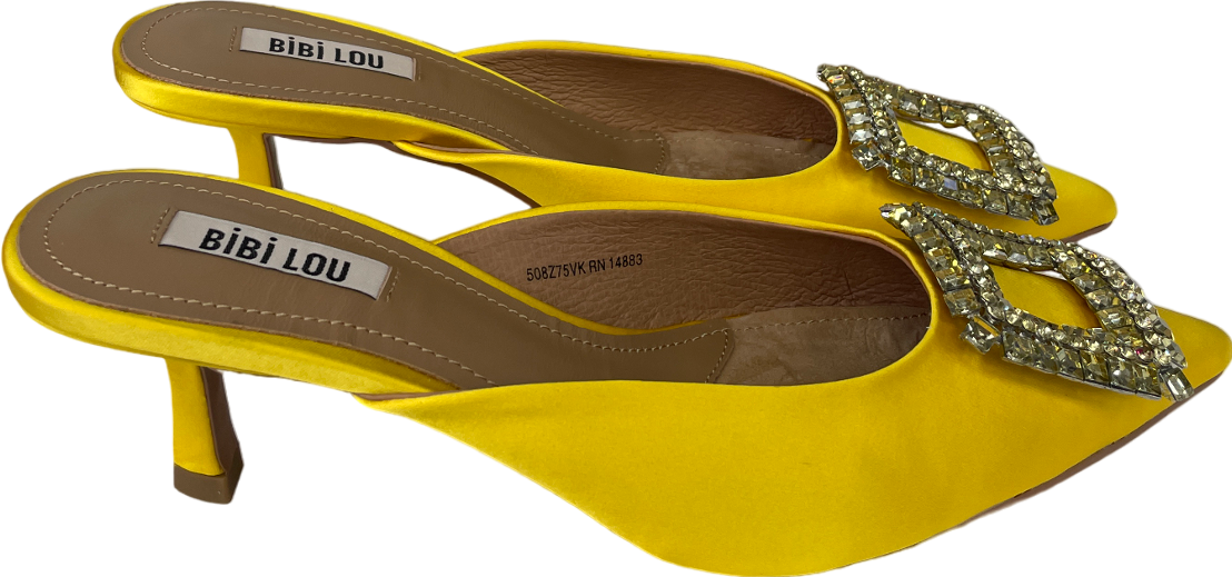 BIBI LOU Yellow Satin Brooch Embellished Kitten Heel Mules UK 5 EU 38 👠