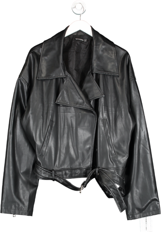 PrettyLittleThing Black Faux Leather Super Cropped Belted Biker Jacket UK 16