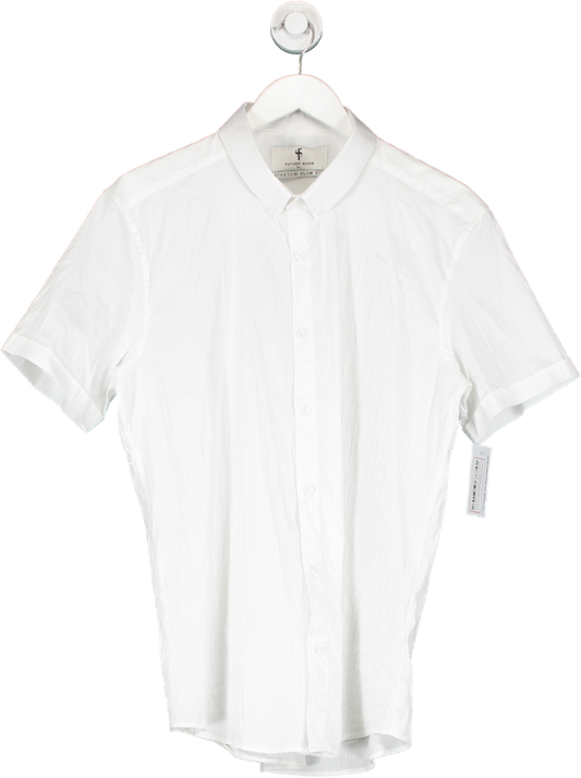 Father Sons White Super Slim Stretch Self Woven Stripe Short Sleeve With Button Down Collar UK XL