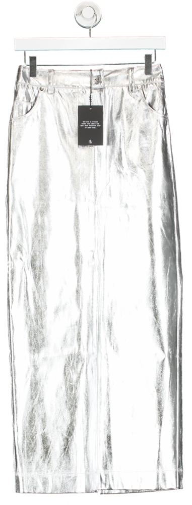 4th & Reckless Metallic Inessa - Silver Faux Leather Midaxi Skirt UK 8