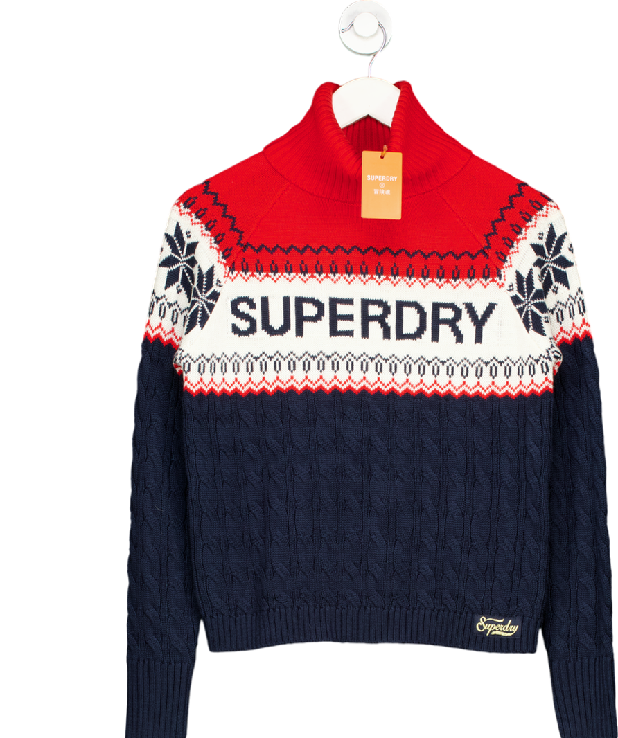 Superdry Navy Blue Red Fair Isle Logo Roll Neck Jumper UK