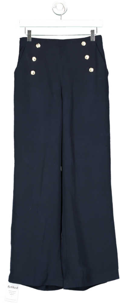 Lily Silk Blue Dubrovnik Button Front Wide Leg Silk Trousers UK 8