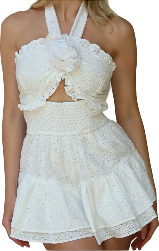 Club L Georgi White Broderie Ruffled Halter-neck Playsuit With Corsage BNWT UK 6