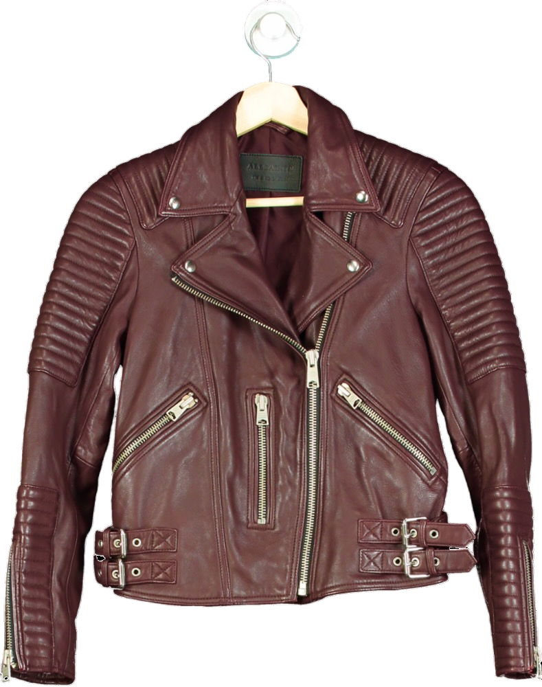 AllSaints Burgundy Leather Estella Biker Jacket UK 6 Reliked