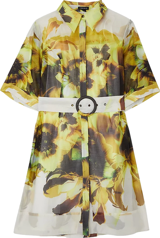 Karen Millen Yellow Photographic Floral Organdie Belted Mini Dress BNWT UK 6
