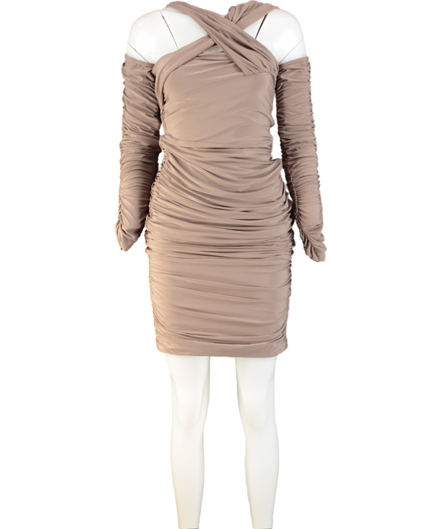 Club L Beige Elodie Mocha Off Shoulder Bodycon Ruched Midi Dress UK 10