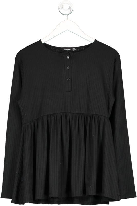 boohoo Black Pleated Button Detail Long Sleeve Top UK 14