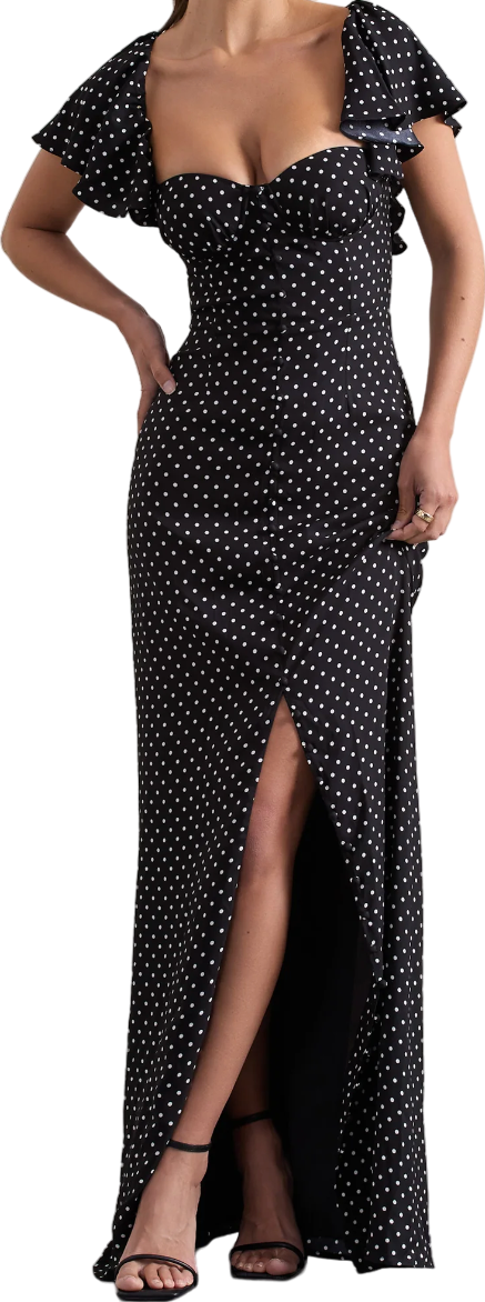 Club L Signorina Black Polka Dot Buttoned Maxi Dress With Flounced Short Sleeves BNWT UK 6