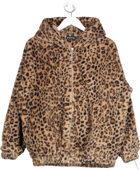 Motel Brown Emmerson Faux Leopard Fur Hooded Jacket UK XS