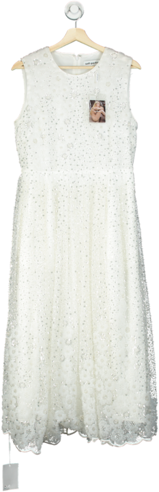 slim fit dress slacks Self-Portrait White Beaded Sequin Midi Dress UK 12