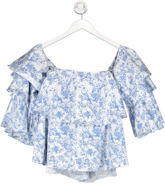 Caroline Constas Blue Off The Shoulder Tiered Ruffle Top In Floral Print UK XS
