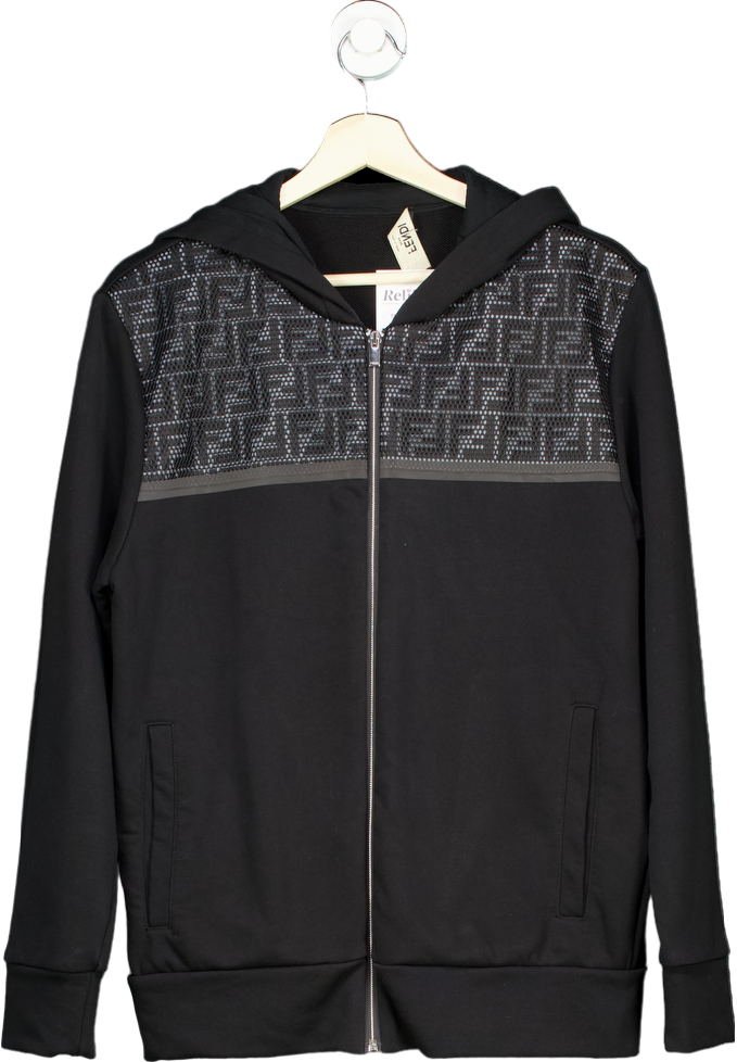 Fendi Black Grey Reflective Logo Panel Zipped Hoodie UK S Reliked