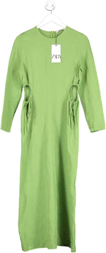 ZARA Green Midi Linen Dress With Cut Out UK S