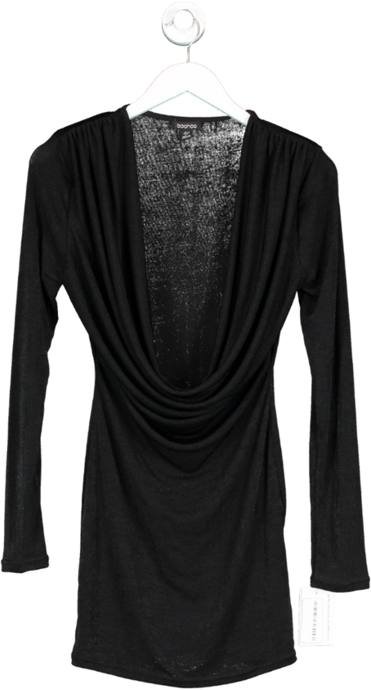 boohoo Black Cowl Neck Acetate Slinky Mini Dress With Shoulder Pads UK 12