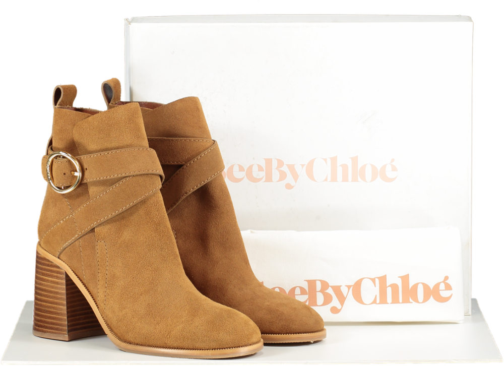 See by Chloé Brown Tan Suede Lyna - Classic Logo Buckle Ankle Boots BNIB UK 6 EU 39 👠