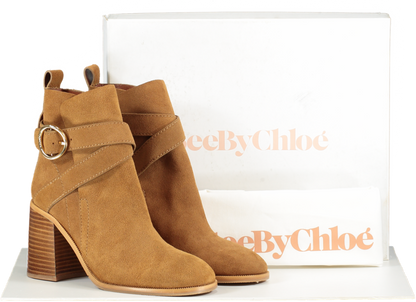 See by Chloé Brown Tan Suede Lyna - Classic Logo Buckle Ankle Boots BNIB UK 6 EU 39 👠