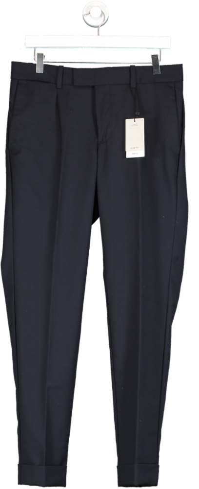 MANGO Dark Navy Blue Pleat Detail Wool Trousers BNWT W32
