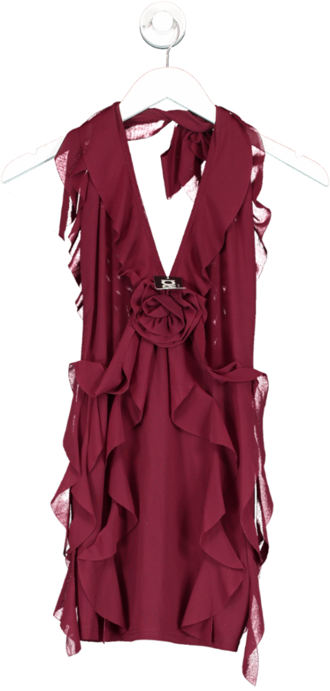 MURCI Red Rose Detail Ruffled Mini Dress Burgundy UK 12