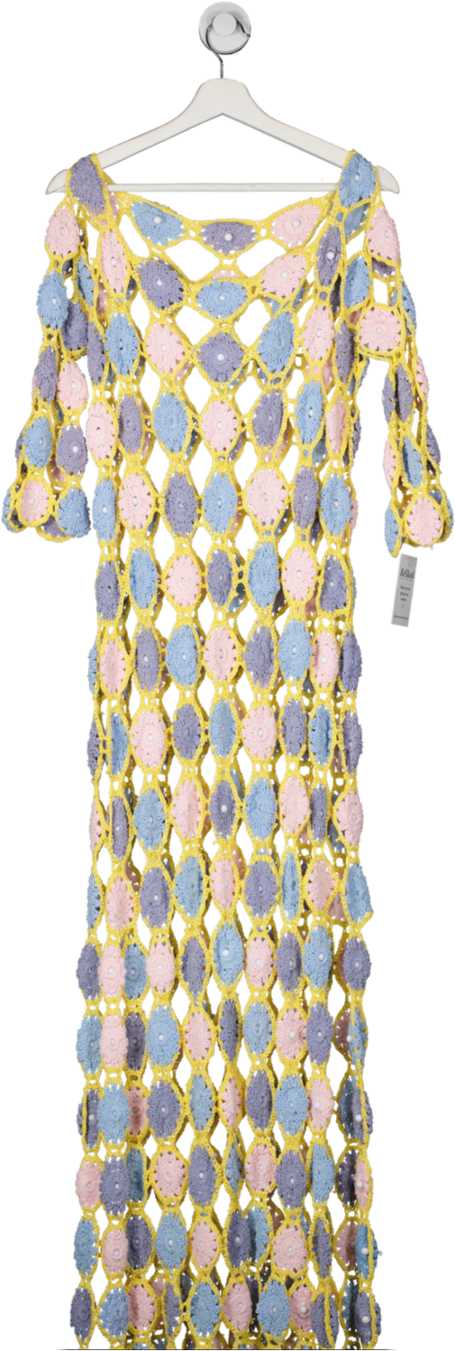 Celia B Yellow Long Patterned Pastel Crochet Dress With Split Sides UK L